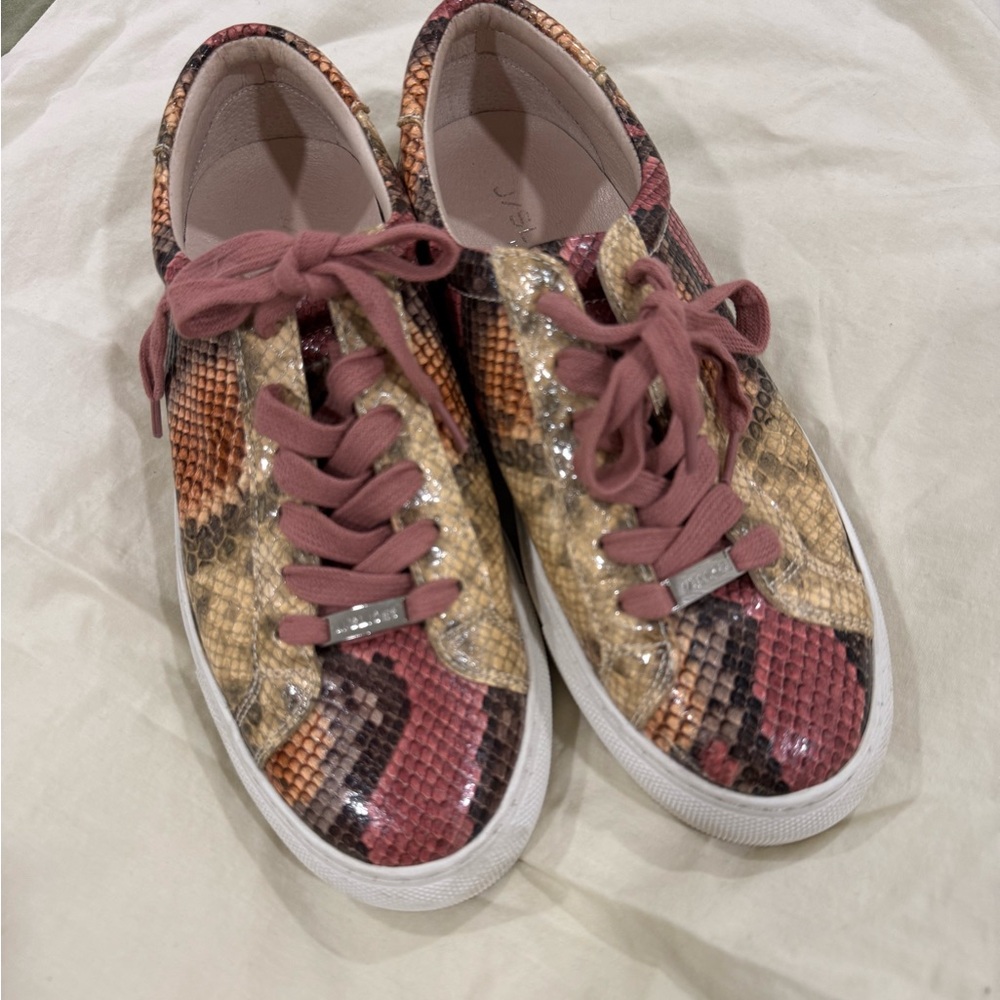 J Slides Pink and Brown Snakeskin Sneakers